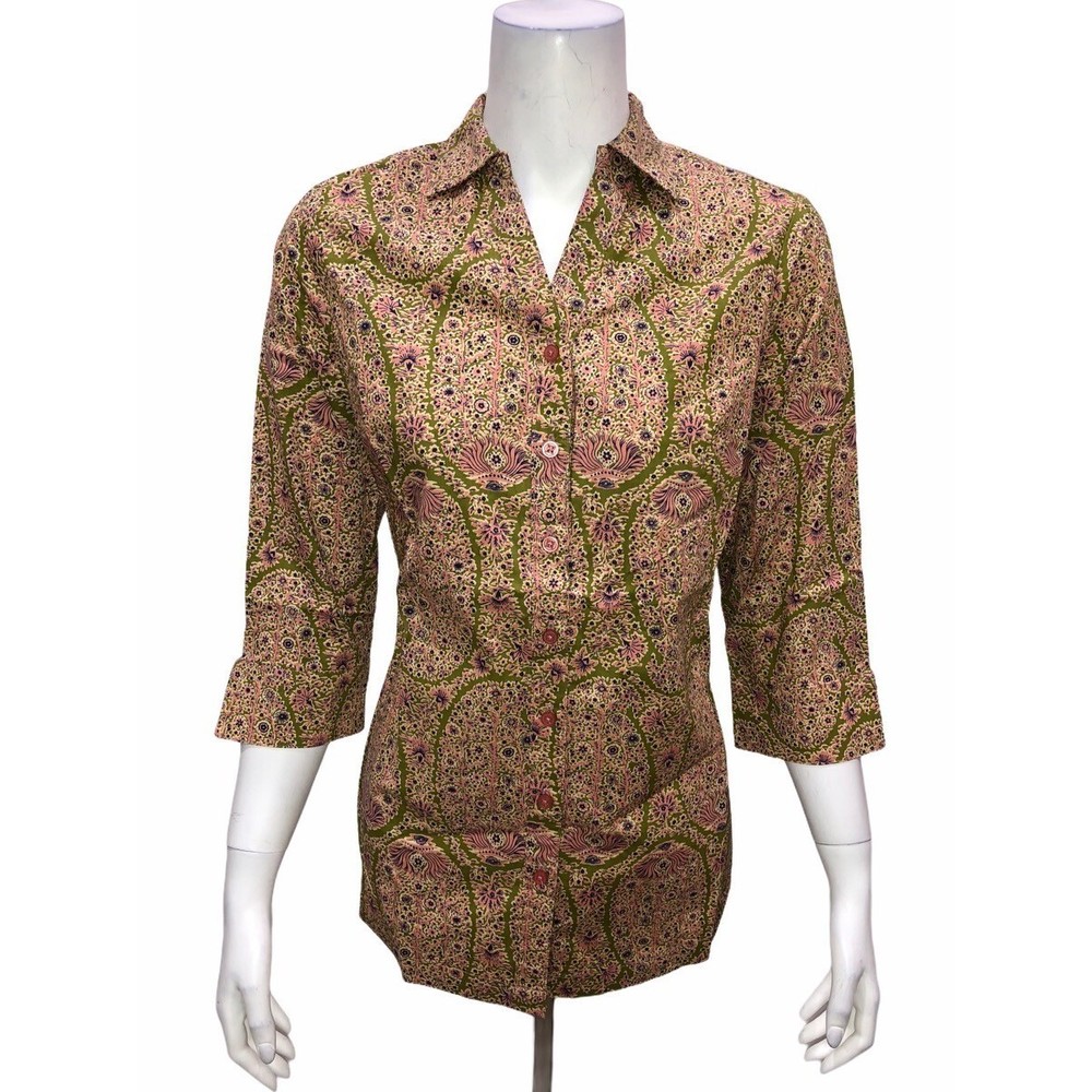Liz Claiborne New York Paisley Printed Button Front Tunic Pine Green 6 Size